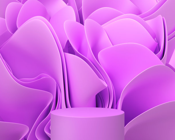 讲台与花卉分层背景3d渲染。抽象的几何舞台，粉红色波浪织物的空白平台，折叠成形状的花朵展示化妆品，广告模型横幅图片下载