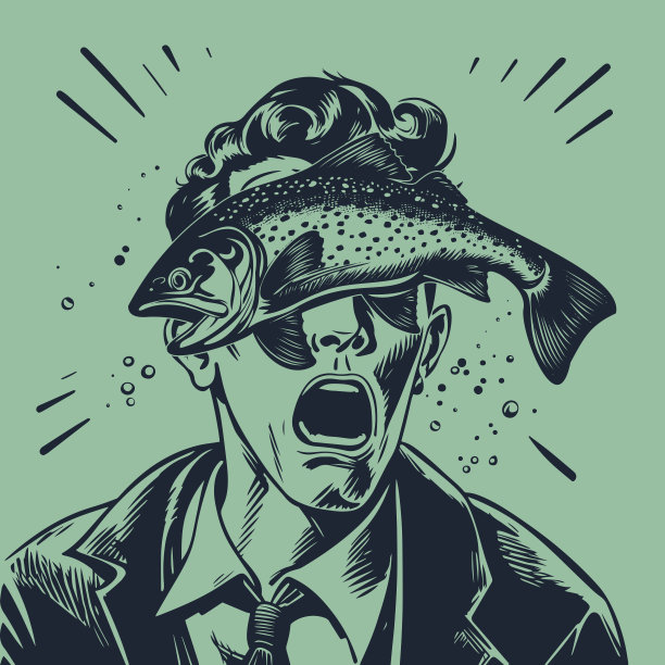 一个人被鱼扇脸的复古卡通插画图片下载