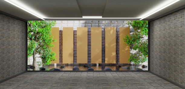 露天日式房间池塘和禅宗花园地板和墙壁都是木制的日式花园装饰和太阳阴影3d插图图片下载