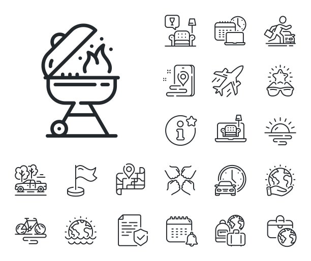 烧烤线图标。烧烤炉用于烹饪食物的标志。飞机、旅行地图和行李领取处。向量图片下载