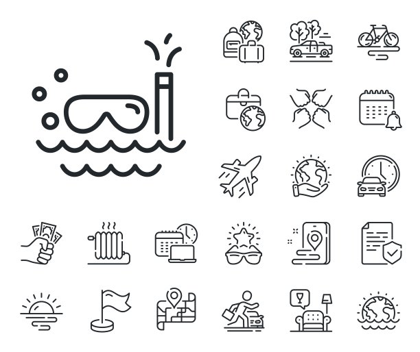 旅行水肺潜水线图标。旅行游泳标志。飞机、旅行地图和行李领取处。向量图片下载