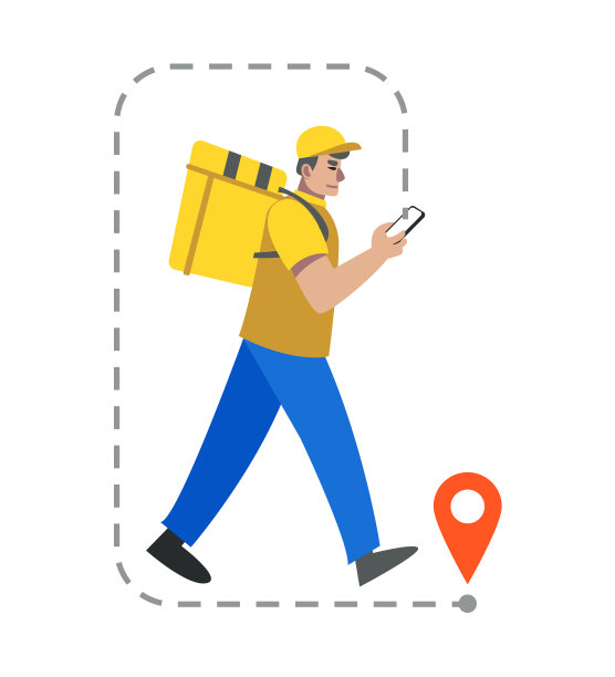 成年男子背着背包拿着手机往目的地送包裹图片下载