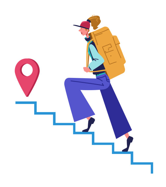 女人背着大背包爬楼梯。市区速递服务图片下载
