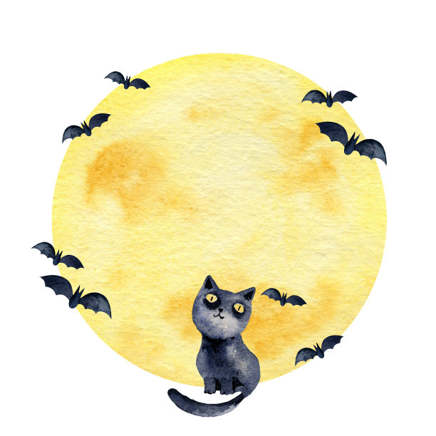 万圣节主题的水彩构图与月亮，黑猫和蝙蝠水彩月亮背景，手绘角框，圆框图片下载