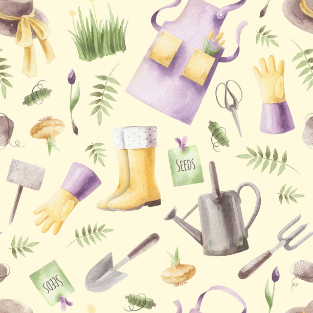 水彩无缝图案上的花园工具的主题。图片下载