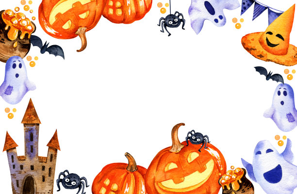 万圣节主题的水彩横幅与塔，南瓜，药水，鬼，蝙蝠等，手绘插图十月事件孤立在白色背景，文字空间图片下载