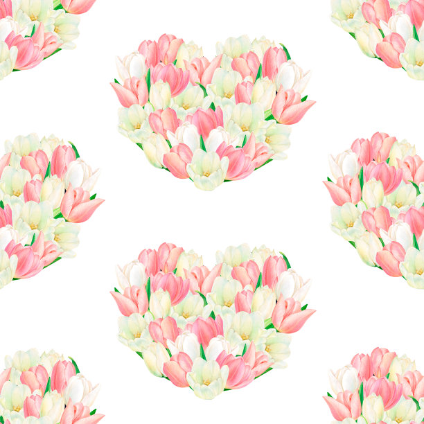 水彩画在白色背景上美丽的心形白色和粉红色郁金香的融洽关系。手绘奢华的花朵。高品质的logo，明信片，纺织品印刷，邮票，包装插图图片下载