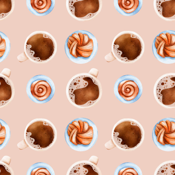 无缝图案与一杯咖啡和糖果，kanelbulle。数字watercoloÐº插图图片下载