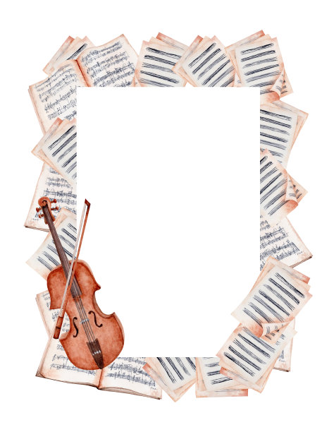 框架与音乐笔记和小提琴孤立的白色背景。图片下载