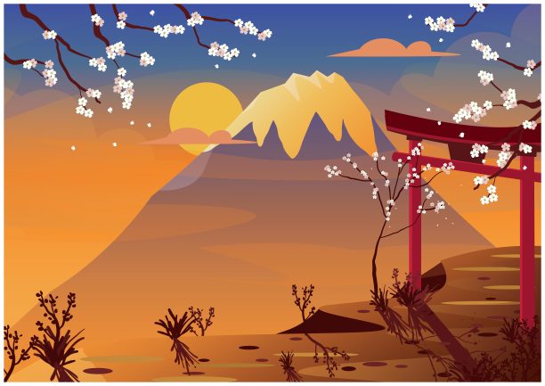 日本旅游载体。樱花、富士山、日落和鸟居神社。图片下载