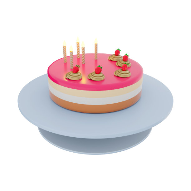 3d渲染美味的生日蛋糕与彩色蜡烛和成熟的草莓图标。3d渲染美味的沙漠在托盘图标。美味的生日蛋糕配上五颜六色的蜡烛和成熟的草莓图片下载