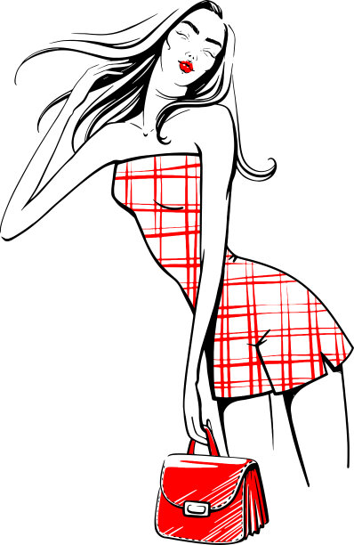 时尚女孩与手提包-矢量线艺术图片下载