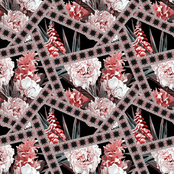 几何与春天的花朵无缝图案。图片下载