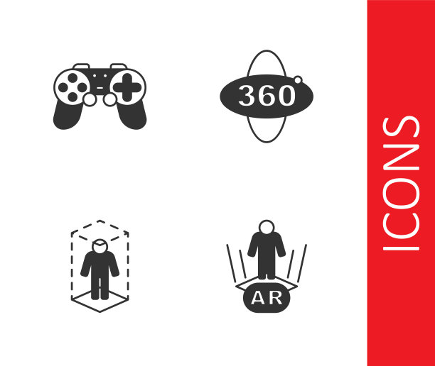 设置增强现实AR，手柄，3d建模和360度视图图标。向量图片下载