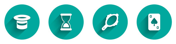 设置魔法帽，旧沙漏，手镜和扑克牌图标与长阴影。向量图片下载