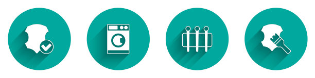 集皮革，洗衣机，针缝制和图标长阴影。向量图片下载