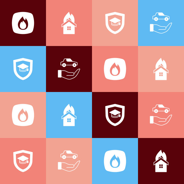 设置波普艺术火焰，在燃烧的房子，毕业帽与盾牌和汽车保险图标。向量图片下载