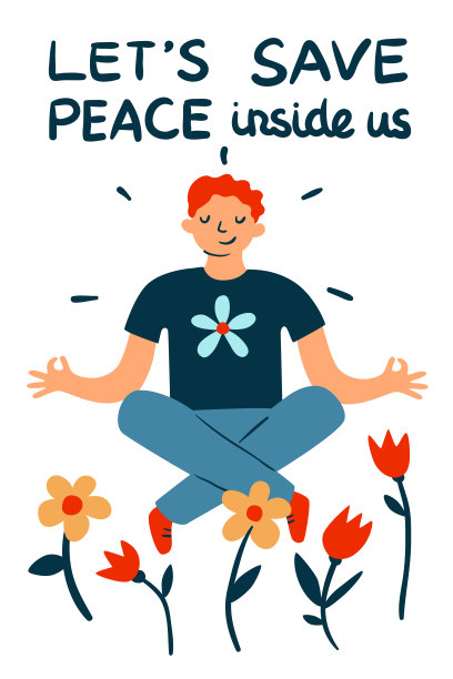 和平的名片。一个人在草地上沉思。维持和平还是人道主义。国际假日。盛开的鲜花。和平主义的海报。快乐的人保存平静或和平。矢量卡通插图图片下载