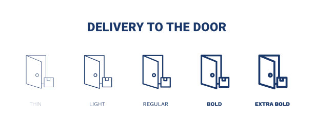 送货上门图标。薄，轻，规则，粗体，黑色送货上门图标集从送货和物流收集。可编辑传送到门的标志，可以使用网页和移动图片下载