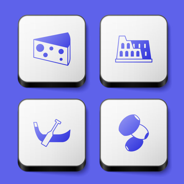 集奶酪，体育馆，贡多拉船和橄榄图标。白色方形按钮。向量图片下载