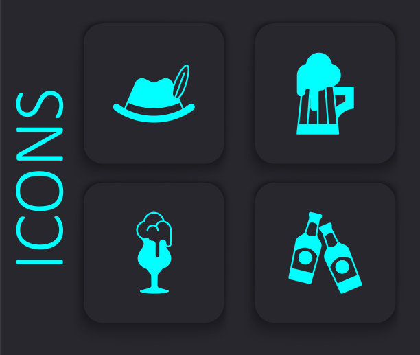 设置啤酒瓶，啤酒节帽，木制啤酒杯和玻璃图标。黑色方形按钮。向量图片下载