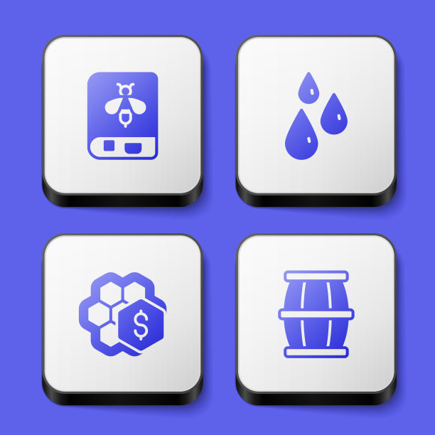 集书关于蜜蜂，蜂蜜滴，销售蜂窝和木桶与图标。白色方形按钮。向量图片下载