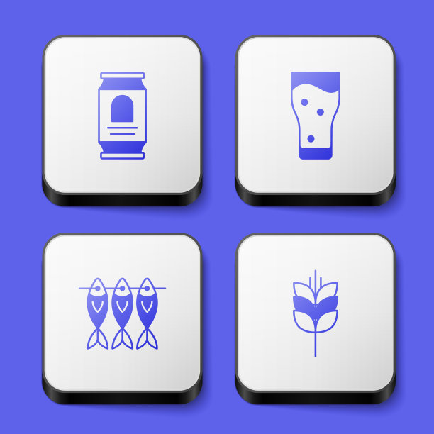 设置啤酒罐，啤酒杯，干鱼和小麦图标。白色方形按钮。向量图片下载