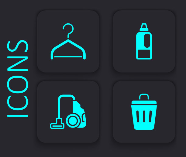 设置垃圾桶，衣架衣柜，瓶子洗涤剂和吸尘器图标。黑色方形按钮。向量图片下载