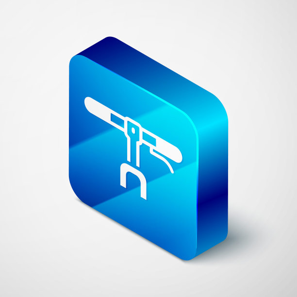 等距自行车车把图标孤立的灰色背景。蓝色方形按钮。向量图片下载