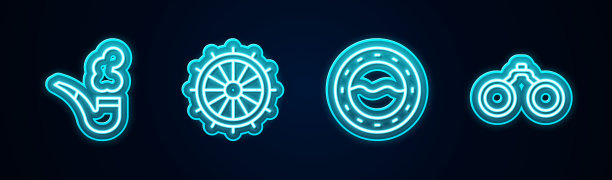 烟筒、舵轮、舷窗、望远镜。发光的霓虹灯图标。向量图片下载