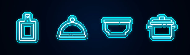 设置线砧板，覆盖托盘，碗和烹饪锅。发光的霓虹灯图标。向量图片下载