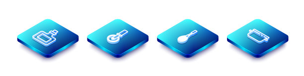 设定等距线酱瓶，披萨刀，厨房搅拌器和烹饪锅图标。向量图片下载