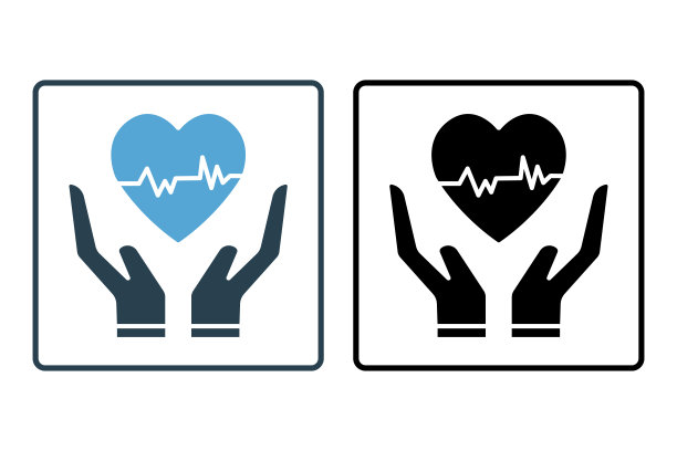 人寿保险图标。保健标志，手握心脏标志。与健康保险相关的图标。固体图标风格的设计。简单的矢量设计可编辑图片下载