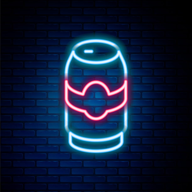 发光的霓虹灯线啤酒可以图标孤立的砖墙背景。色彩缤纷的轮廓概念。向量图片下载