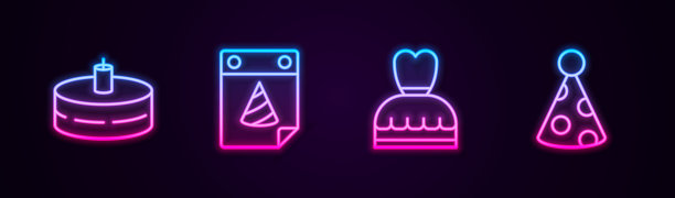 设置线蛋糕与燃烧的蜡烛，日历派对，女人的衣服和派对帽。发光的霓虹灯图标。向量图片下载