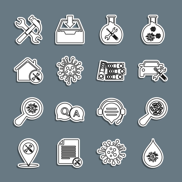 设置线脏水滴，微生物在放大镜下，汽车服务，生物工程，细菌，房子，交叉锤和扳手和办公室文件夹图标。向量图片下载