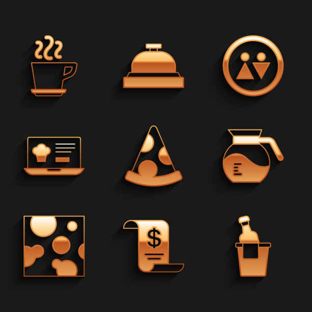 设置披萨片，纸或财务检查，香槟桶，咖啡壶，奶酪，在线订购和交付，厕所和杯子图标。向量图片下载