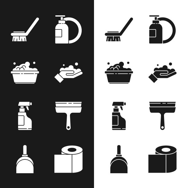 集肥皂洗手，塑料盆泡沫，清洁刷，洗洁精瓶板，喷雾洗涤剂，橡胶清洁剂窗口，卫生纸卷和簸箕图标。向量图片下载