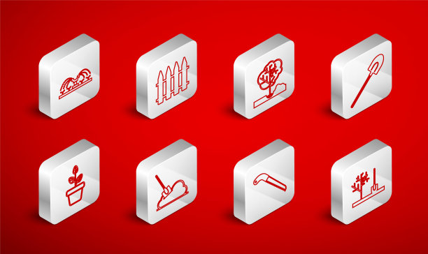 在地面种植树木，花园围栏，铲子，锯，自动灌溉洒水器，铲子和花盆图标。向量图片下载