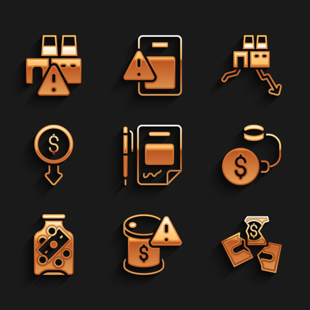 设定合同货币和笔，原油价格下跌，撕毁钞票，债务球拴在硬币上，玻璃罐，美元汇率下降，工厂停工和图标。向量图片下载