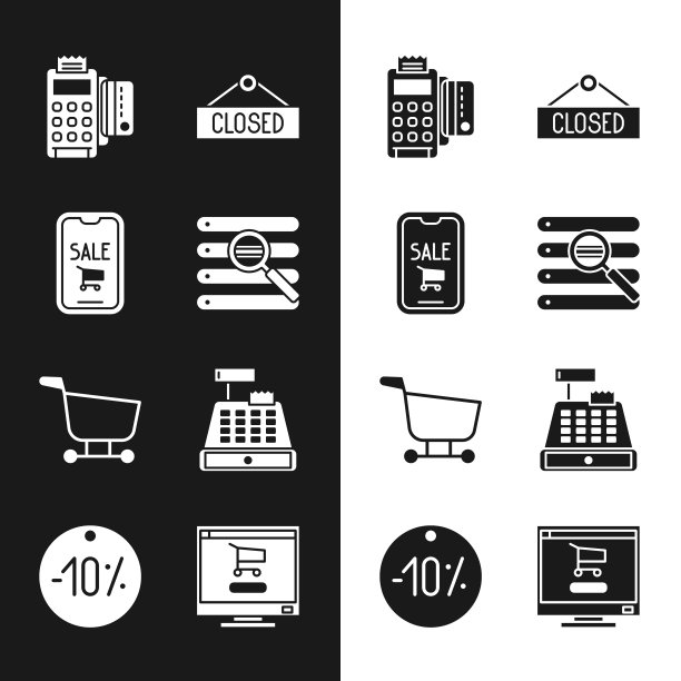 设置搜索在浏览器窗口，手机和购物车，POS终端与信用卡，挂标志关闭，购物，收银机，电脑和十折标签图标。向量图片下载