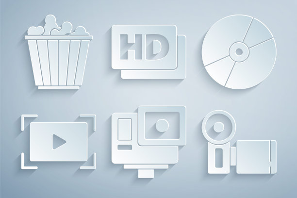 集动作极限相机，CD或DVD磁盘，在线播放视频，影院，高清电影，磁带，框架和爆米花盒图标。向量图片下载