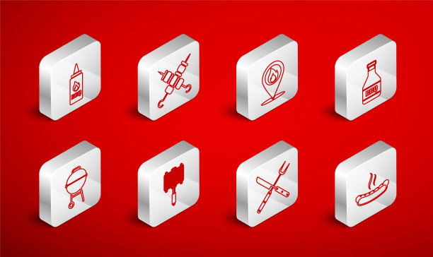 设置线热狗三明治，烤羊肉串，位置与火焰，番茄酱瓶，交叉叉刀，烧烤钢网格和烧烤图标。向量图片下载