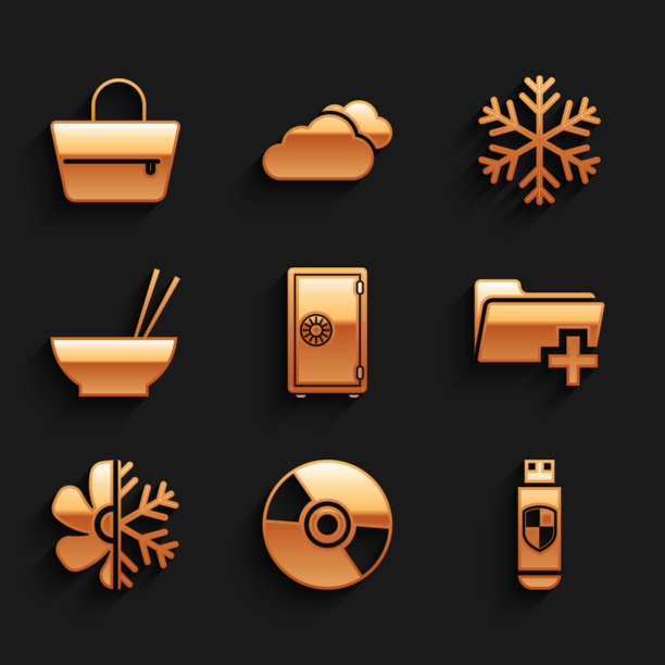 设置保险箱，CD或DVD磁盘，USB闪存驱动器和屏蔽，添加新文件夹，空调和碗筷子图标。向量图片下载