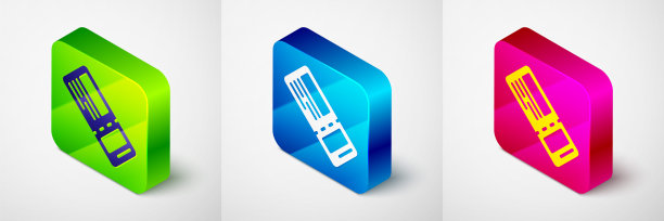 等距机票图标隔离在灰色背景。飞机票。方形按钮。向量图片下载