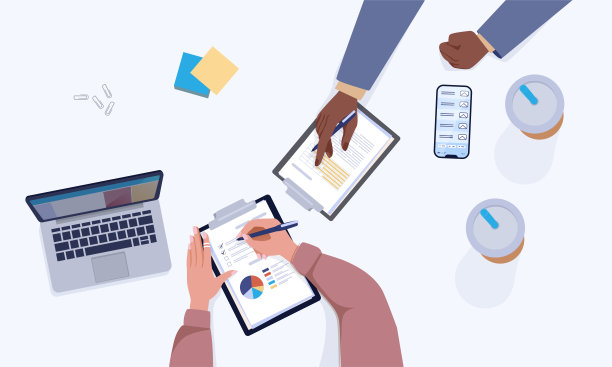 桌面视图。办公室工作。商务工作者在剪贴板上写字。卡通人物与笔记本电脑和平板电脑一起工作。桌上有分析报告。矢量团队协作场景图片下载