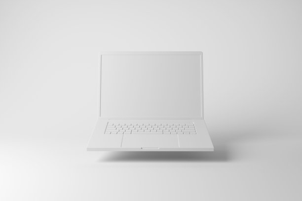白色笔记本电脑，空白屏幕漂浮在白色背景上。说明极简主义、商业和技术的概念图片下载