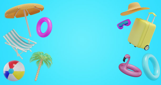 夏天的概念。伞充气球手提箱火烈鸟掌甲板椅子帽子。三维渲染图片下载