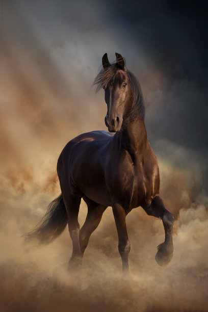 弗里斯兰马在夕阳下奔跑图片下载