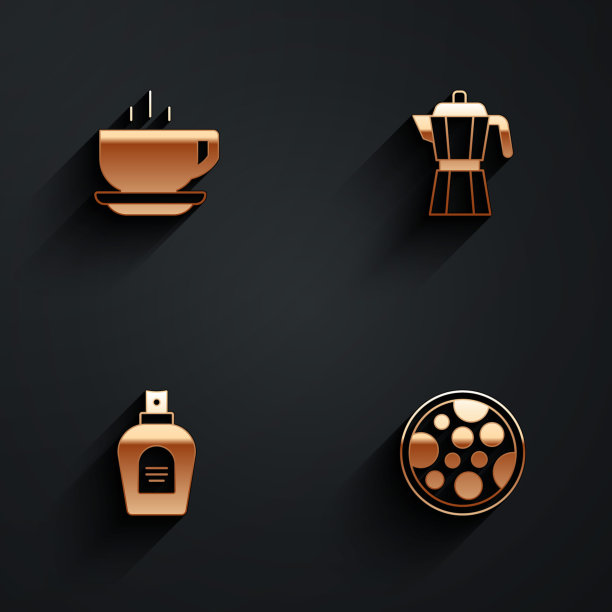 集咖啡杯，制造商摩卡壶，香水和比萨图标与长阴影。向量图片下载